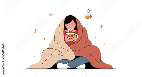Cozy woman wrapped in blankets enjoying hot drink on winter day