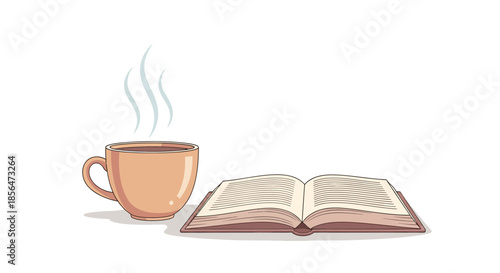 Cozy morning scene with steaming coffee cup and open book
