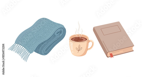 Cozy reading setup with steaming hot coffee and warm blanket