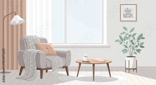 Cozy living room with armchair, coffee table, and plant by window