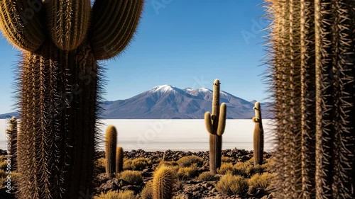 Panoramic view of giant cacti on isla incahuasi in the salar de uyuni salt flat. Famous travel destination in bolivia with snow capped mountains on the horizon