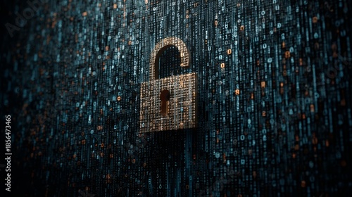 Glowing unlocked padlock formed by binary code against a dark digital background symbolizing cybersecurity and data protection concepts.