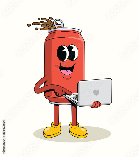 soda can laptop groovy cartoon illustration