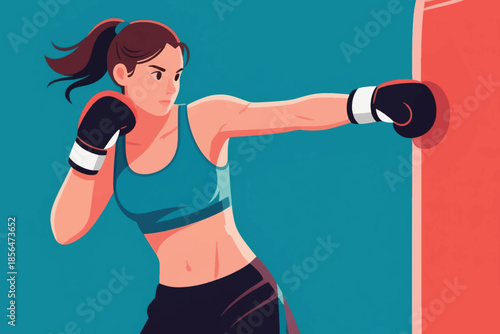 Person boxing with black gloves, punching a red bag in a teal setting. A bold moment of strength and focus.