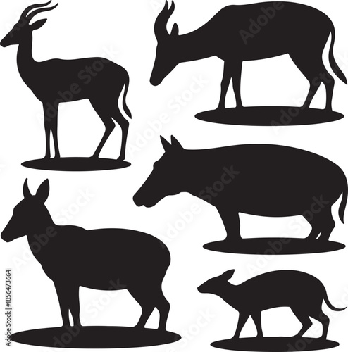 Silhouettes of five different antelope species isolated on transparent