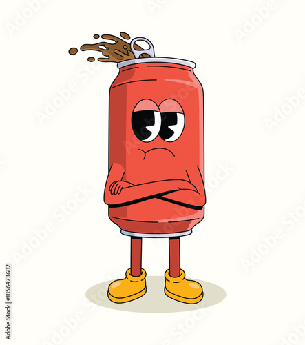 soda can crossed arms groovy cartoon illustration