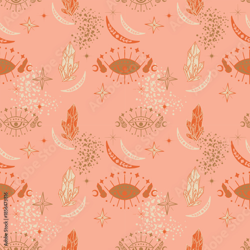 Mystical celestial eye and crystal seamless pattern. Abstract esoteric vector background with magic moons, stars and sacred geometry in boho style.