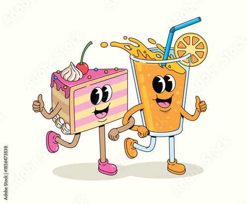 cake and orange drink groovy cartoon illustration