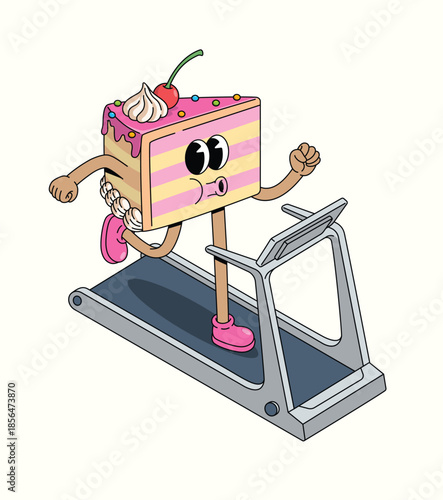 cake treadmill groovy cartoon illustration
