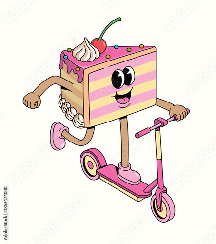 cake slice kick scooter groovy cartoon illustration