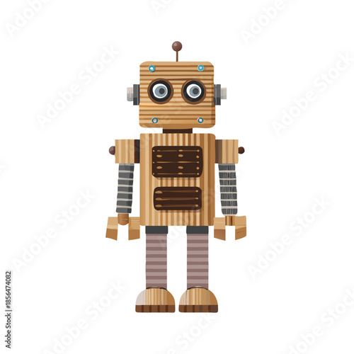 An isolated classic vintage toy robot stands with an antique camera lens, featuring old-fashioned black and white photographic equipment and retro film technology in a wooden box