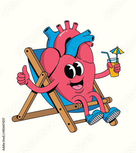 heart relaxing on chair groovy cartoon illustration