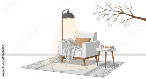 Cozy winter living room scene with armchair and warm lighting