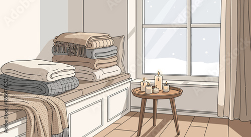 Cozy home interior with blankets and candles by the window