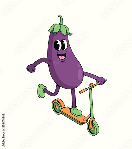 eggplant kick scooter groovy cartoon illustration