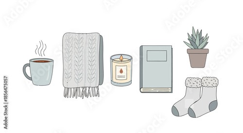 Cozy morning setup with steaming coffee, blanket, candle, book, plant, and socks