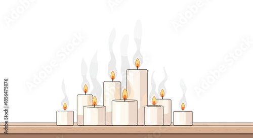 Soft white candles burning brightly on wooden shelf