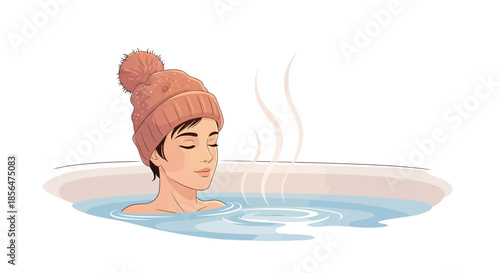 Woman relaxing in warm bath wearing cozy winter hat