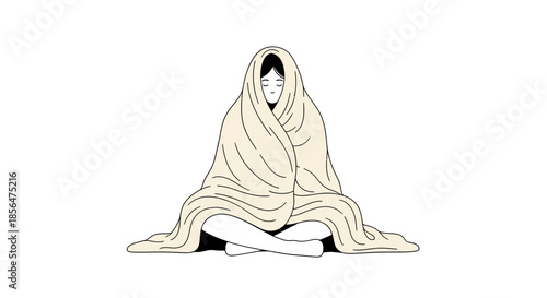 Serene woman meditating peacefully wrapped in a blanket