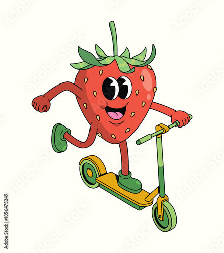 strawberry kick scooter groovy cartoon illustration