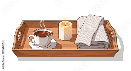 Cozy morning setup with steaming cup of coffee on wooden tray