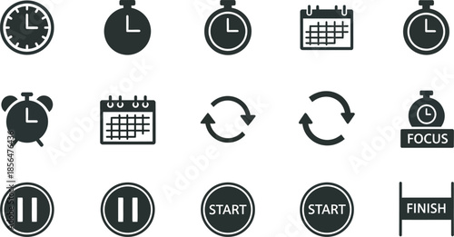 Black and white icons set of clocks, calendars, and productivity symbols for business, time management, and organization concepts on clean white background