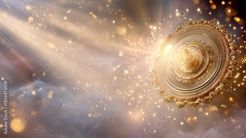 Ethereal Golden Shield Surrounded by Shimmering Light and Sparkles in a Mystical Atmosphere
