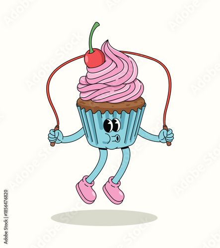 cupcake jump rope groovy cartoon illustration