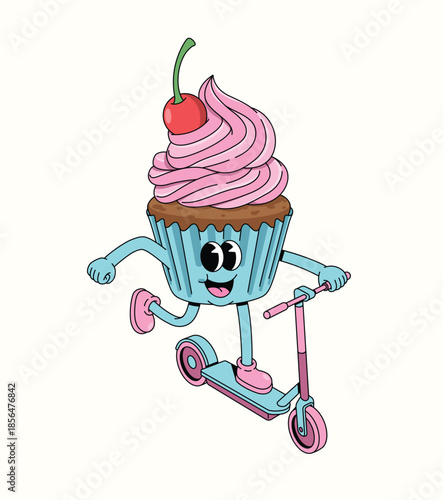 cupcake kick scooter groovy cartoon illustration