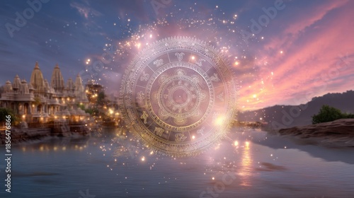 Mystic landscape with ancient architecture and celestial symbols during sunset over tranquil water and glowing lights