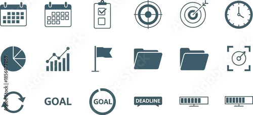 Business productivity icons set with goal setting and deadline management symbols in modern flat design style for corporate and workflow optimization