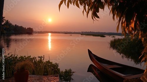 Tranquil Sunset Over Calm Waters with Silhouetted Boat and Lush Greenery in Serene Natural Landscape