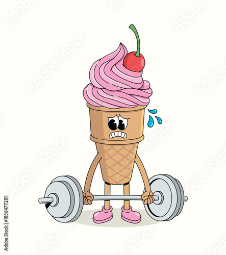 ice cream cone hard weightlifting groovy cartoon illustration