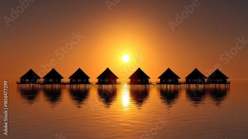 Tranquil Sunset Over Water Bungalows with Reflection and Calm Waters