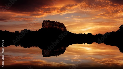 Sunset Over Rocky Outcrop with Dramatic Clouds and Serene Reflection in Calm Water