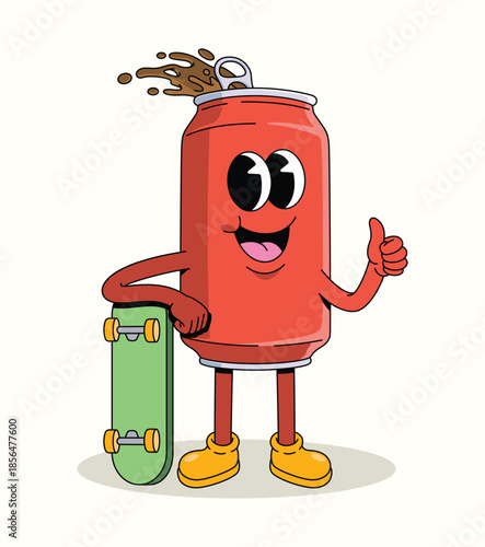 soda can skateboard thumbs up groovy cartoon illustration