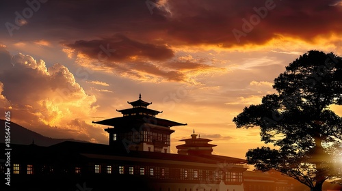 Majestic Sunset Over Traditional Architecture with Colorful Sky and Silhouette of Trees in Tranquil Landscape