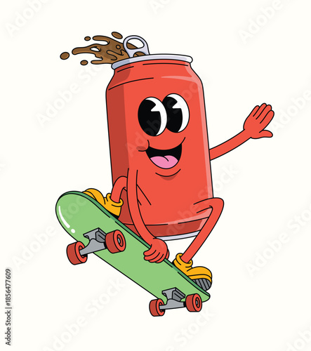soda can skateboard groovy cartoon illustration