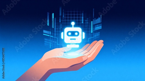 Hand holding glowing robot icon