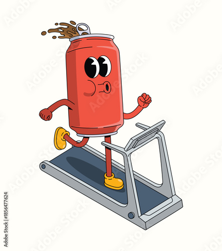soda can treadmill groovy cartoon illustration