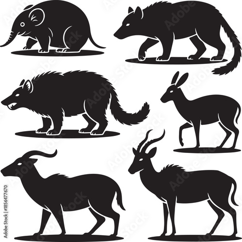 Collection of six wild and exotic animal silhouettes isolated