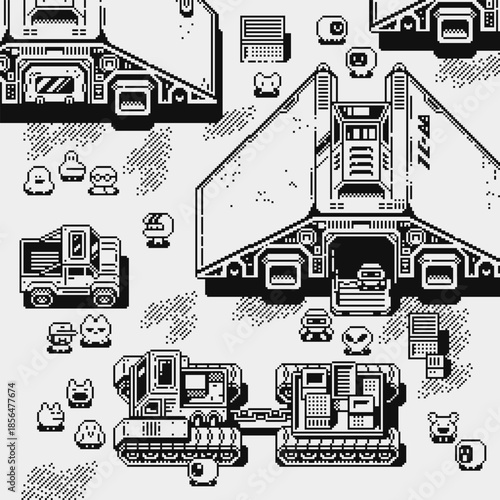Monochrome pixel art sci fi game scene with futuristic base, vehicles, robots and small characters. Retro 8bit top view environment for indie games, strategy maps, level design, sci fi worlds.