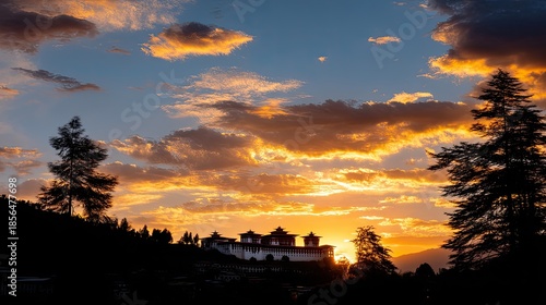 Breathtaking Sunset Over Ancient Temple Surrounded by Trees in Scenic Landscape