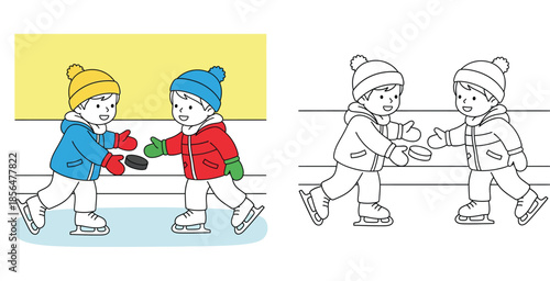 Coloring book page of two happy children playing ice hockey on rink with colored example vector