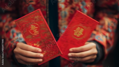 Hands holding red Chinese New Year envelopes with golden symbols creating a festive cultural moment of tradition prosperity and holiday gifting