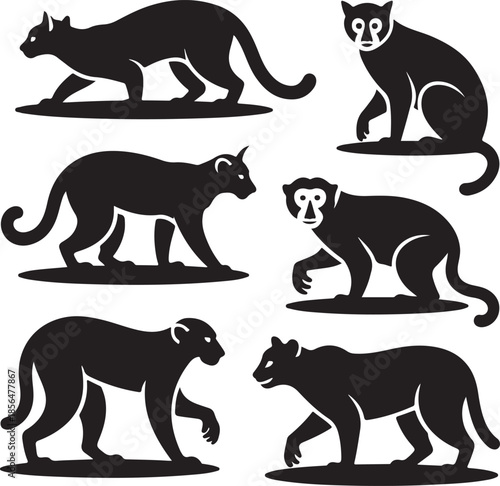 Collection of wild big cats and monkeys in silhouette style