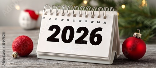 Calendar page 2026 with Christmas gifts and decorations on a wooden table