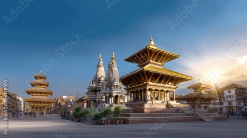Stunning Ancient Temples Under Golden Light at Sunrise in Kathmandu Valley Nepal