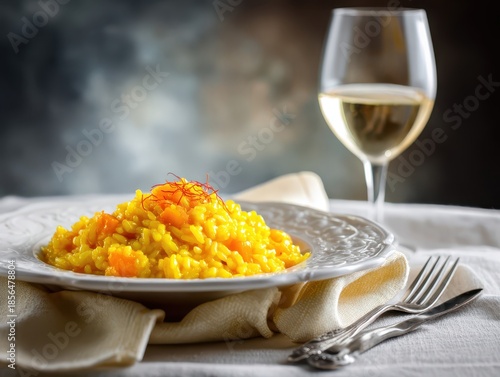 Milanese risotto serving with squash and saffron on table