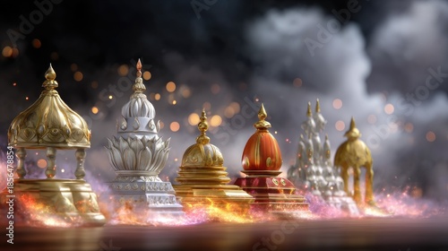 Ornate Decorative Elements in a Mystical Setting with Smoky Background and Glowing Effects